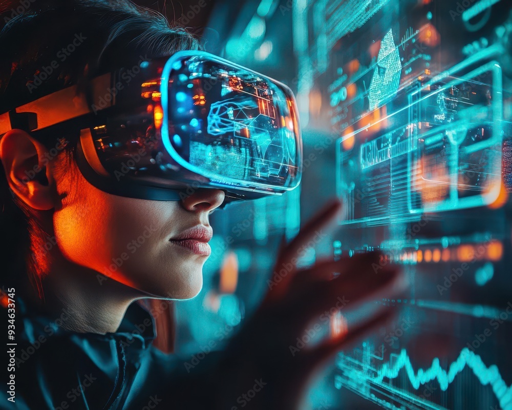 Technology trends with a person using augmented reality glasses, interacting with holographic displays, Futuristic, Cool Tones, Detailed Technology trends with a person using augmented reality glasses, interacting with holographic displays, Futuristic, Cool Tones, Detailed