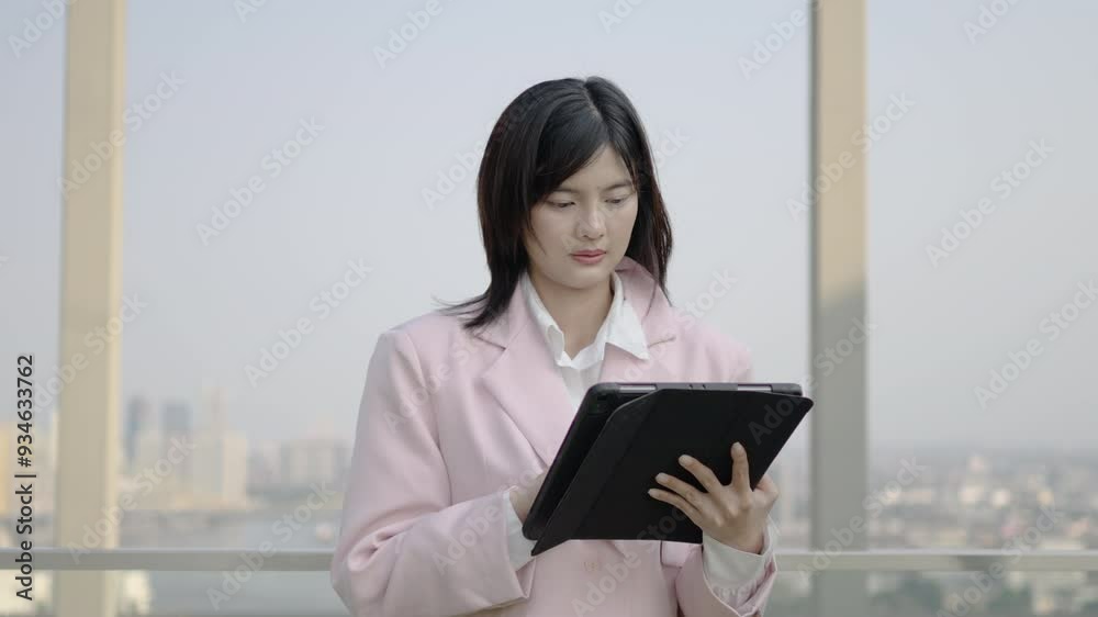 Beautiful young asian businesswoman using digital tablet and smile looking camera on rooftop of skyscraper terrace in morning, shopping online, concept of successful business development