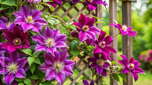 Stunning clematis blooms climbing a trellis in a beautiful floral display