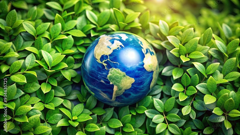 Earth globe surrounded by green leaves, representing environmental conservation and global sustainability Earth globe surrounded by green leaves, representing environmental conservation and global sustainability