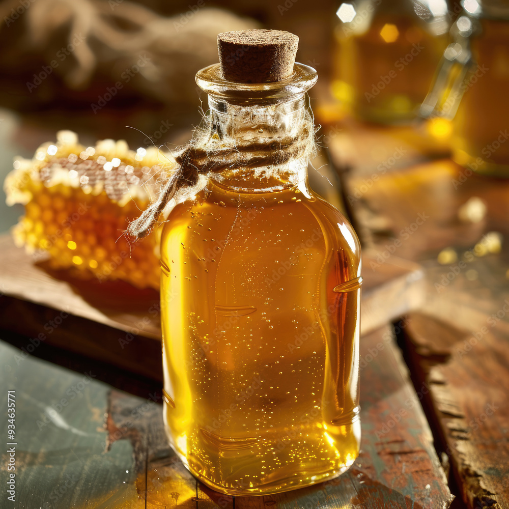 Golden Liquid in a Glass Bottle of Artisanal Honey Golden Liquid in a Glass Bottle of Artisanal Honey