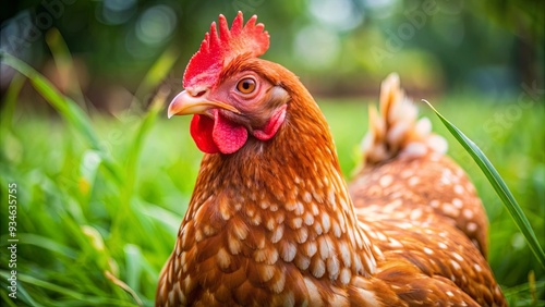 Close up of a red speckled chicken foraging in a grassy garden, looking directly at the camera