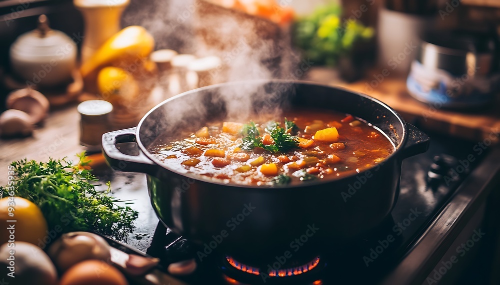 Traditional Kitchen with Bubbling Halal Stew and Fresh Ingredients Traditional Kitchen with Bubbling Halal Stew and Fresh Ingredients