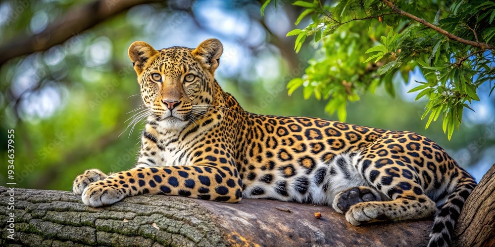 Naklejka premium A majestic leopard resting on a tree in the wild, showcasing its natural camouflage and feline beauty