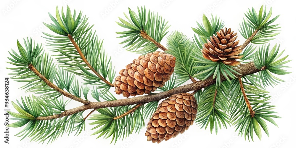 Detailed botanical of a pine branch showcasing intricate needles, cones, and bark textures Detailed botanical of a pine branch showcasing intricate needles, cones, and bark textures