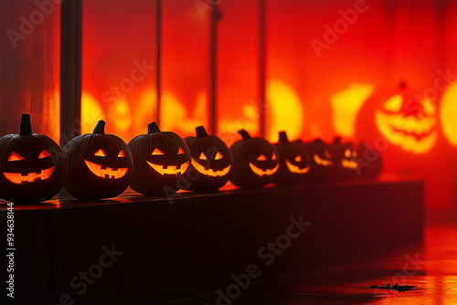 Row of Glowing Jack-o'-Lanterns in a Dark Red-Lit Room