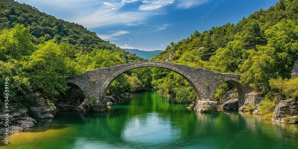 Photo of the Kato bridge in Greece, with its two stone arches over an emerald green river Photo of the Kato bridge in Greece, with its two stone arches over an emerald green river