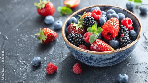 A bowl of fresh berries, including strawberries, raspberries, blackberries, and blueberries.