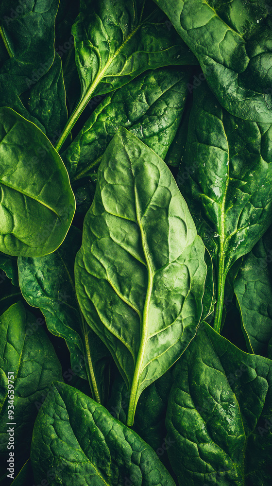 Fototapeta premium A close up of a bunch of green spinach leaves. The leaves are fresh and vibrant, and they are arranged in a way that creates a sense of abundance and health