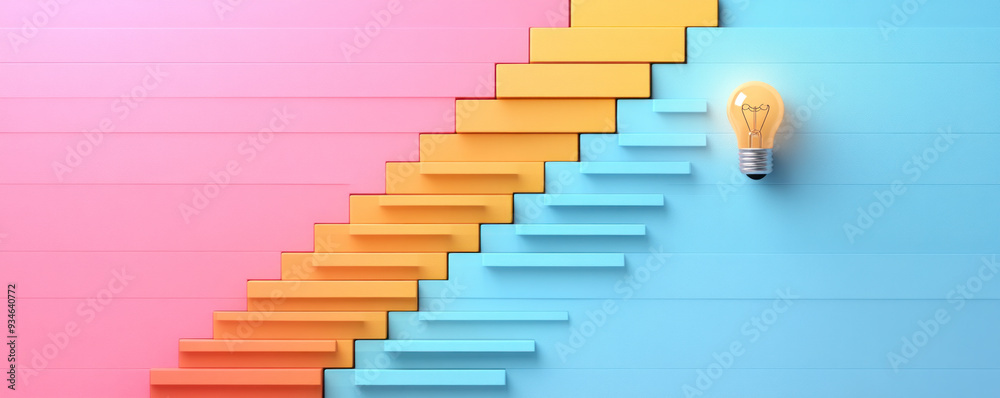 Obraz premium A staircase with a light bulb on top of it. The light bulb is lit up and is surrounded by colorful steps. Concept of creativity and innovation, as the light bulb represents an idea or a new concept