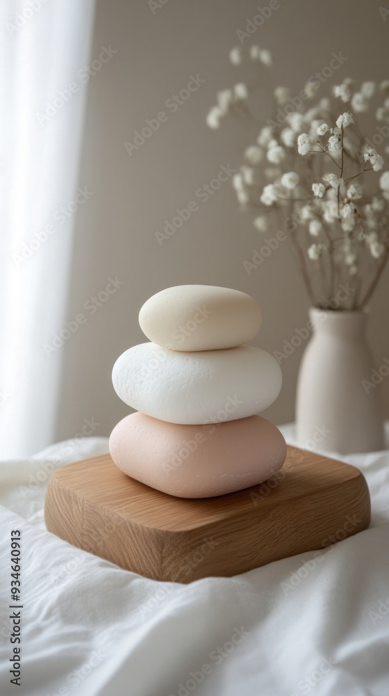 A stack of three white and pink soaps on a wooden board. The arrangement of the soaps creates a sense of balance and harmony. The white and pink colors evoke a feeling of freshness and cleanliness A stack of three white and pink soaps on a wooden board. The arrangement of the soaps creates a sense of balance and harmony. The white and pink colors evoke a feeling of freshness and cleanliness