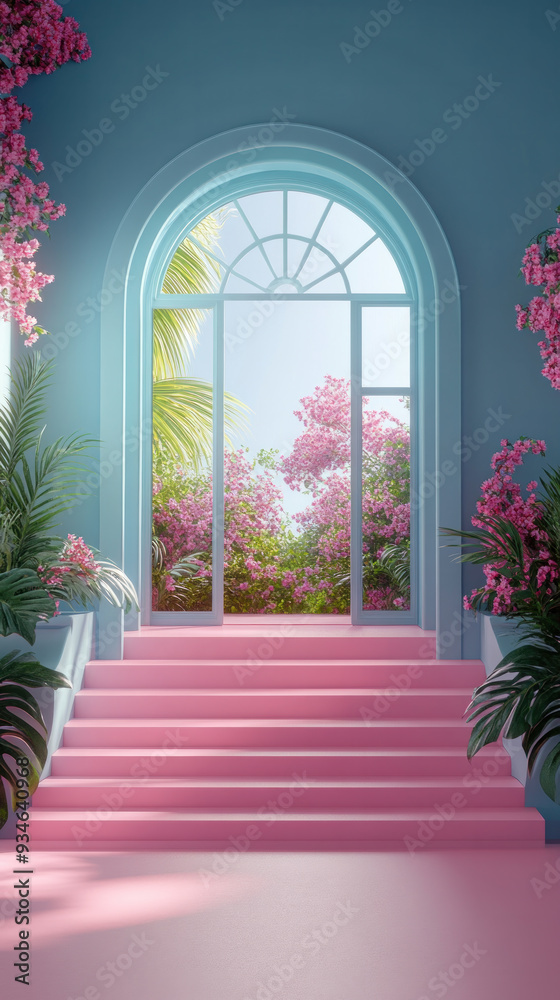 A pink staircase leads to a room with a window and a view of a garden. The room is decorated in pink and has a tropical feel A pink staircase leads to a room with a window and a view of a garden. The room is decorated in pink and has a tropical feel
