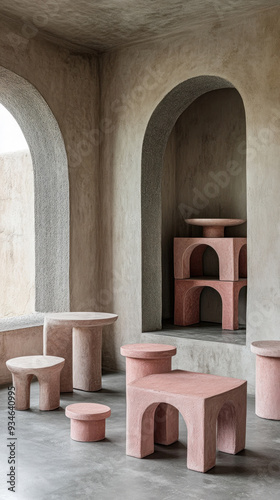 A room with a variety of pink furniture  including tables and chairs. The furniture is arranged in a way that creates a sense of depth and dimension