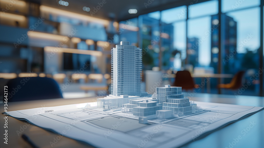 3d blue prints of a real estate project on a table in modern office, business 