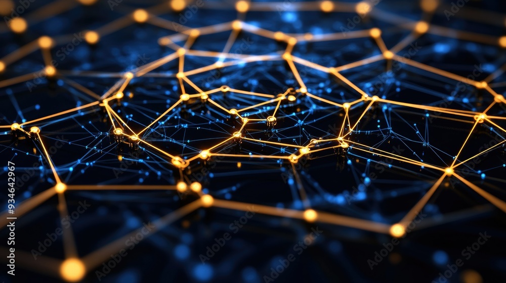 Obraz premium Abstract network structure with glowing nodes and connections, depicting technology, data, and innovation in a digital space.