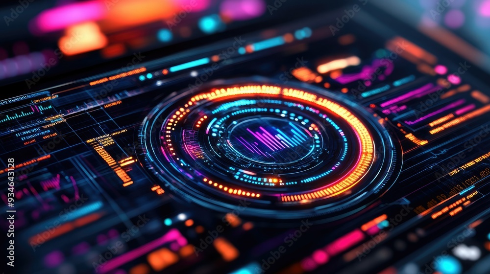 Futuristic digital interface showcasing vibrant data visualization elements and dynamic graphs in a sleek design. Futuristic digital interface showcasing vibrant data visualization elements and dynamic graphs in a sleek design.