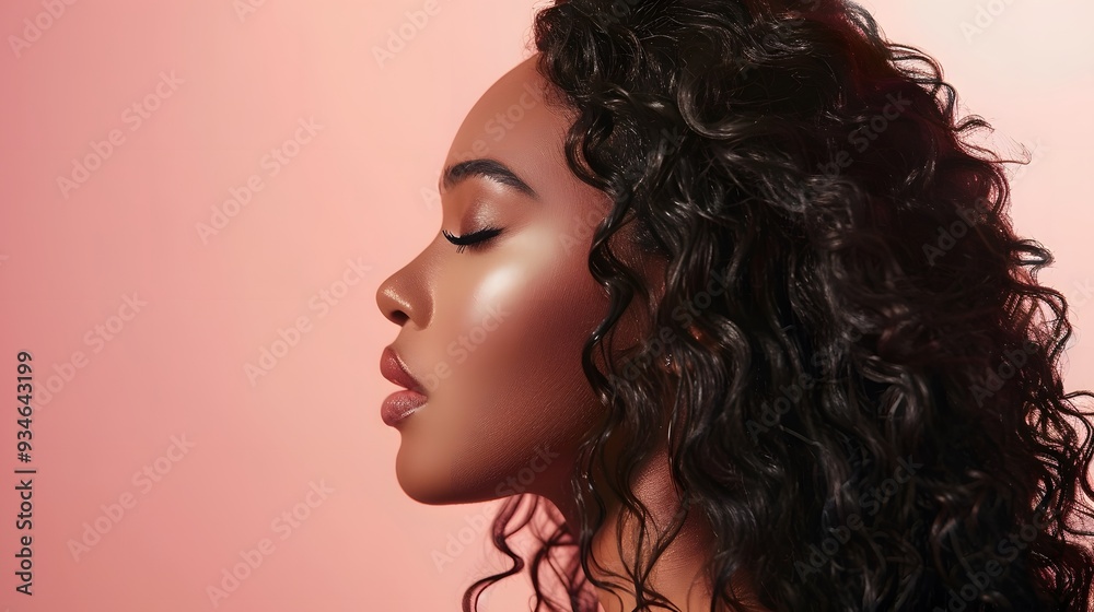 Fototapeta premium Beautiful woman in profile with long and shiny wavy hair . Beauty model girl with curly hairstyle . Fashion, cosmetics and makeup. 