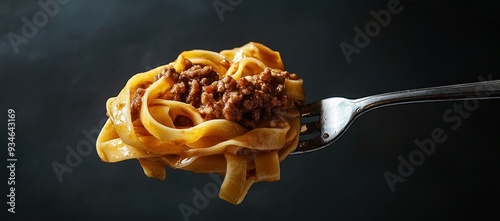 Photo of Fettuccine with ragu on fork against a solid grey background, lit with natural light from a low angle