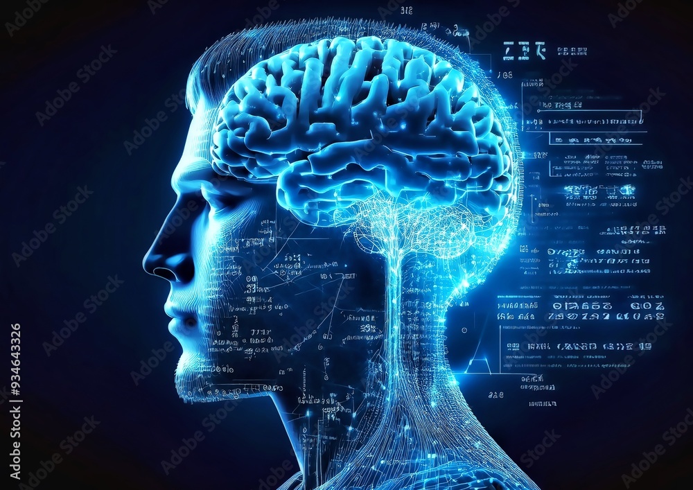 Obraz premium Conceptual illustration of the human brain against the background of mathematical formulas and diagrams 