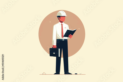 illustration of a businessman standing using project help while carrying a notebook during the day