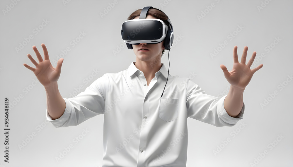 Young man using VR virtual reality headset in studio portrait white background Young man using VR virtual reality headset in studio portrait white background