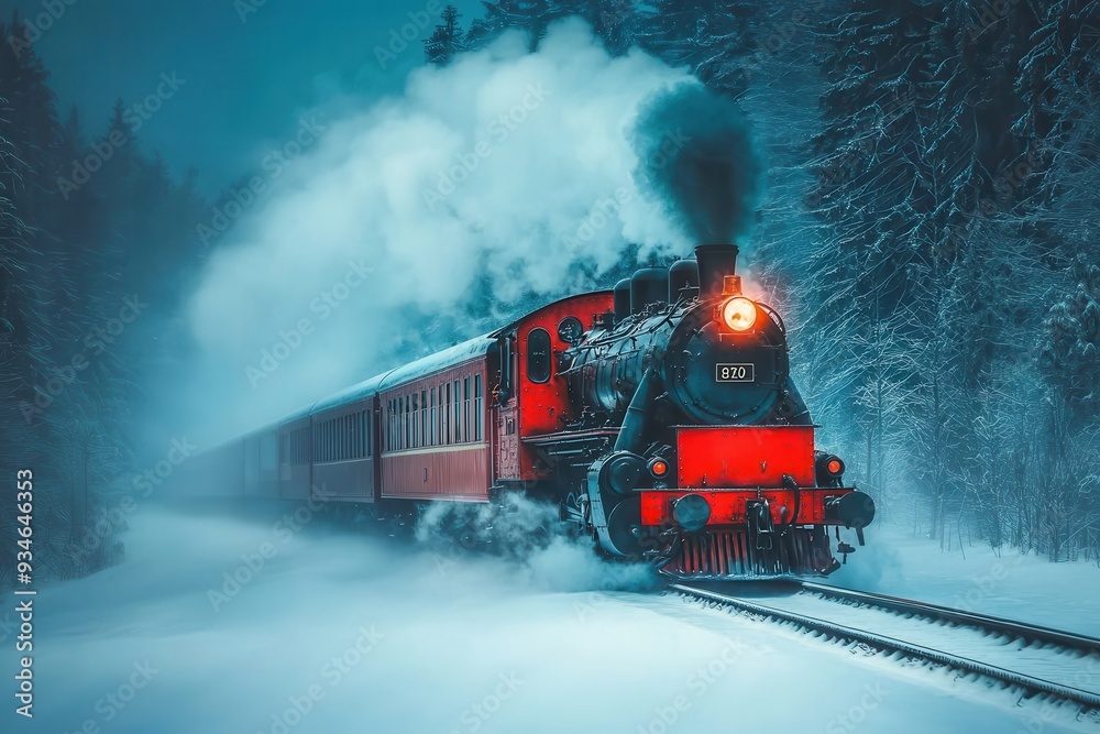 A red steam train chugging through a snowy forest, capturing the magic of Christmas.
