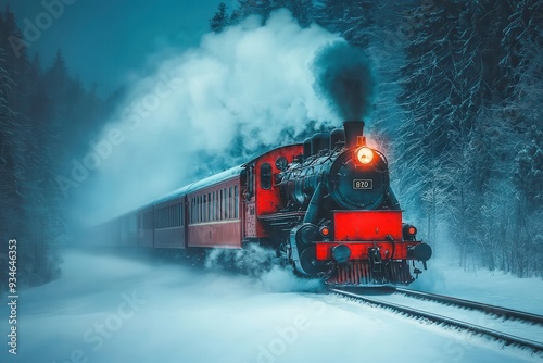 Obraz na płótnie A red steam train chugging through a snowy forest, capturing the magic of Christmas.
w salonie