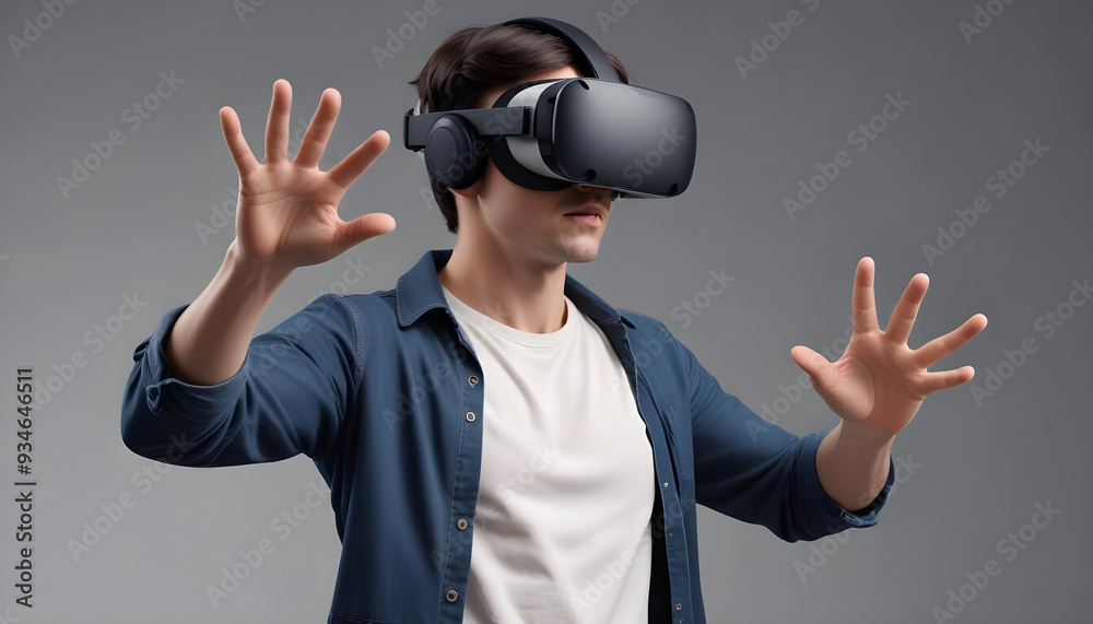Young man using VR virtual reality headset in studio portrait white background Young man using VR virtual reality headset in studio portrait white background