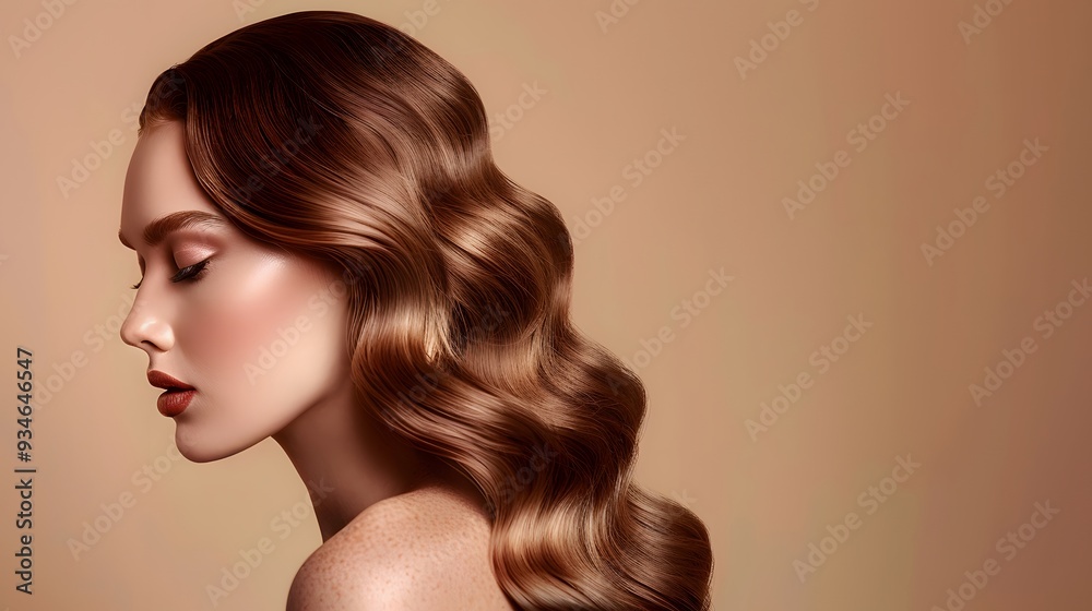 Beautiful woman in profile with long and shiny wavy hair . Beauty model girl with curly hairstyle . Fashion, cosmetics and makeup. Beautiful woman in profile with long and shiny wavy hair . Beauty model girl with curly hairstyle . Fashion, cosmetics and makeup.