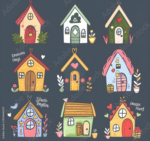 set of cute houses cartoon, icons vector illustration clipart element, prnt, business, workart photo