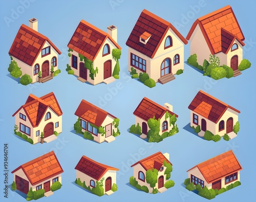 set of isometric houses, simple vector illustration, 3D render, front view, top down view, front and side views clipart element, prnt, business, workart photo