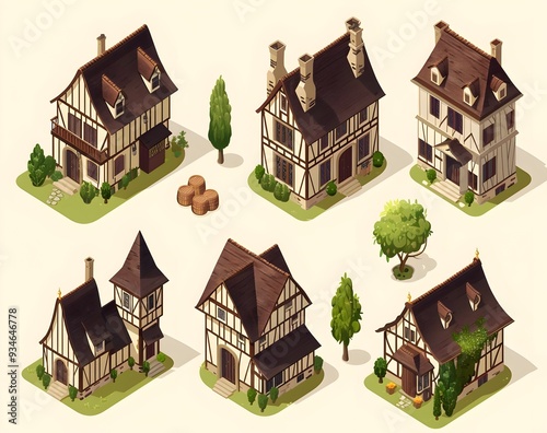 set of isometric houses, simple vector illustration, 3D render, front view, top down view, front and side views clipart element, prnt, business, workart photo