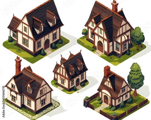 set of isometric houses, simple vector illustration, 3D render, front view, top down view, front and side views clipart element, prnt, business, workart photo