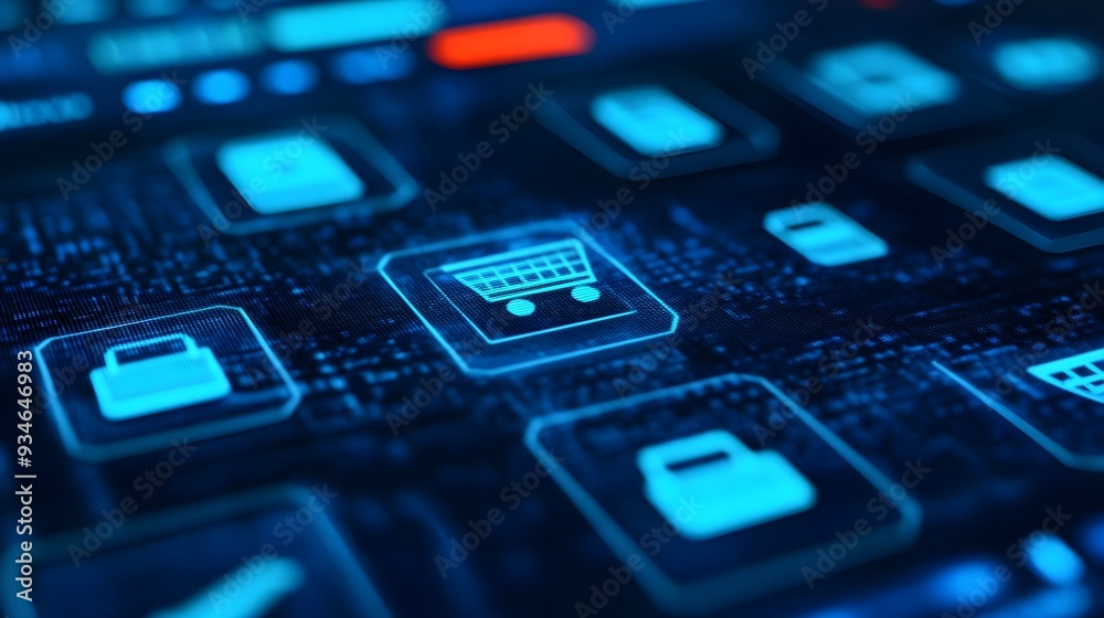 Digital Shopping Cart Icon on Blue Interface Digital Shopping Cart Icon on Blue Interface