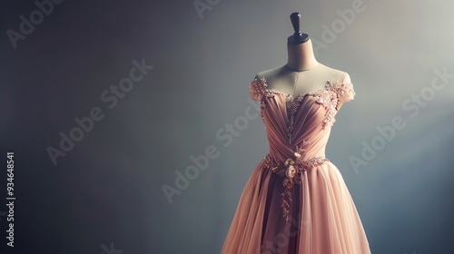 A pink formal dress with beaded embellishments on a mannequin.