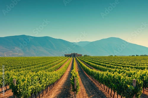 Rolling vineyards basking in the summer sun, with rows of grapevines laden with fruit. A stone winery perched on a hill overlooks distant mountains under a clear blue sky, embodying a Mediterranean su