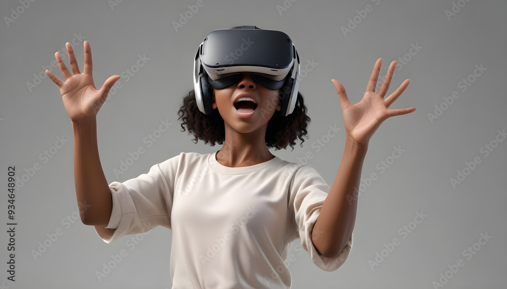 Young woman using VR virtual reality headset in studio portrait white background Young woman using VR virtual reality headset in studio portrait white background