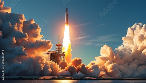 The rocket was ignited and launched in the clear sky, accompanied by smoke and flames, showing a spectacular scene. photo