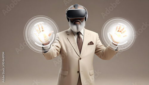 Elderly man using VR virtual reality headset in studio portrait white background