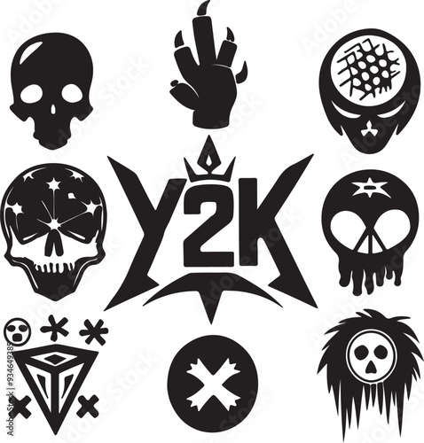 Tattoo art 1990s, 2000s. Y2k stickers. Butterfly, barbed wire, fire, flame, chain, heart and other elements in trendy psychedelic style. Vector hand drawn tattoo print. Black and white colors.