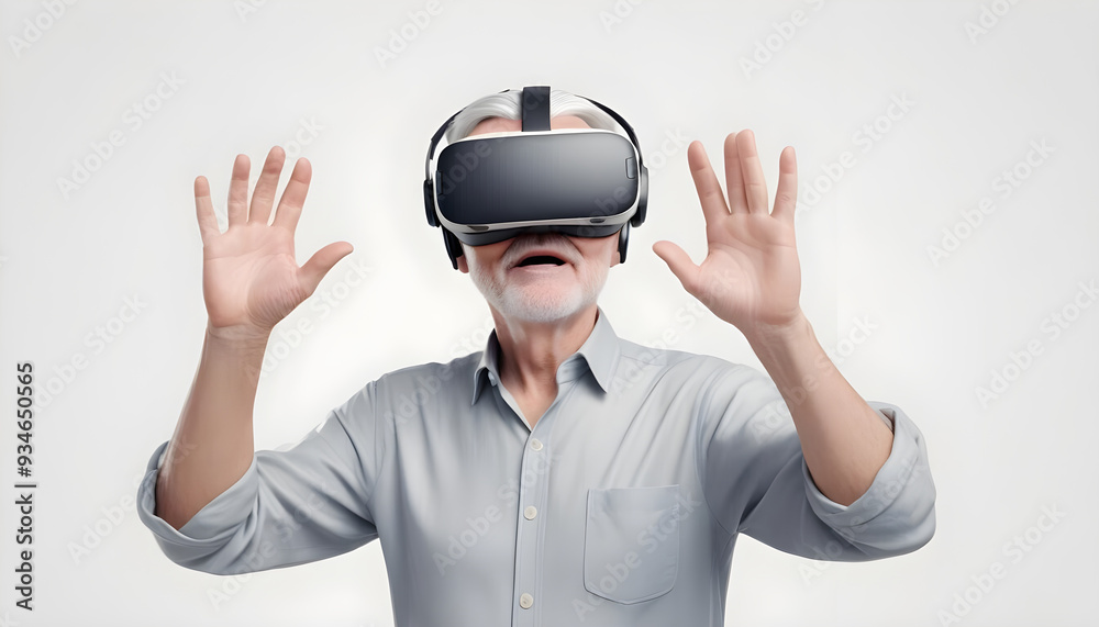 Elderly man using VR virtual reality headset in studio portrait white background Elderly man using VR virtual reality headset in studio portrait white background