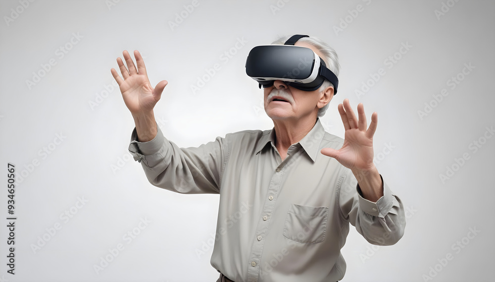 Elderly man using VR virtual reality headset in studio portrait white background Elderly man using VR virtual reality headset in studio portrait white background