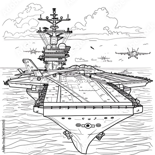 Sketch of the aircraft carrier on the runway. Vector illustration.