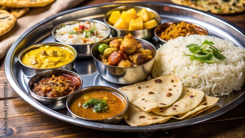 A Traditional Indian Thali Meal with Various Curries, Rice, and Roti