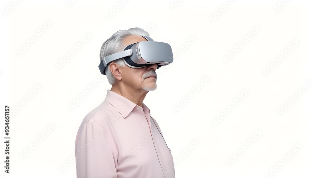 Elderly man using VR virtual reality headset in studio portrait white background Elderly man using VR virtual reality headset in studio portrait white background
