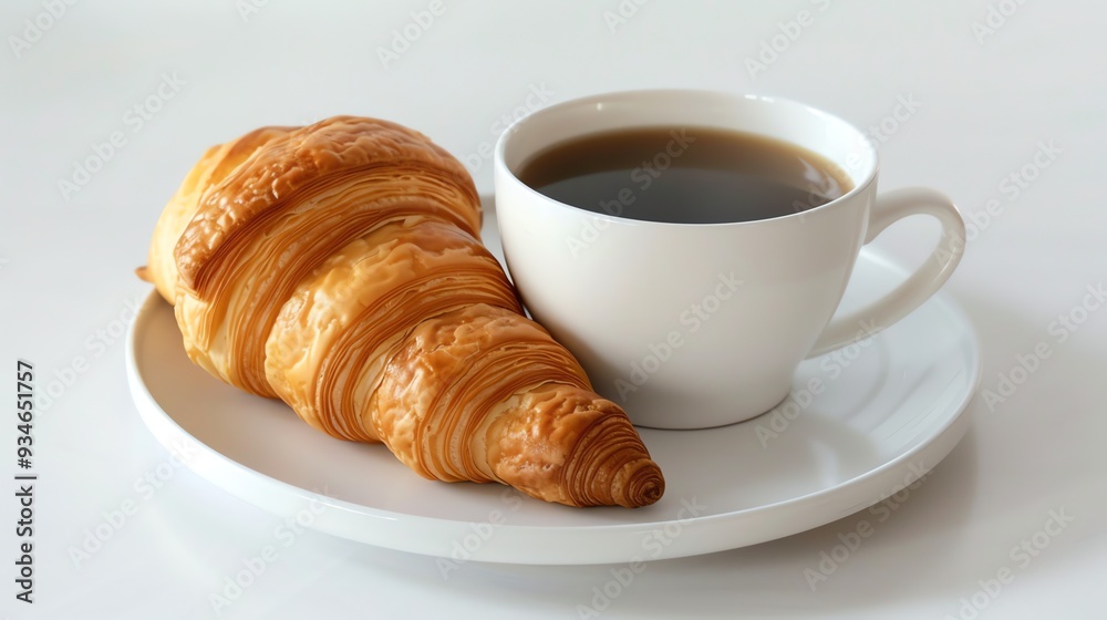 A cup of coffee and a croissant on a white plate. A cup of coffee and a croissant on a white plate.