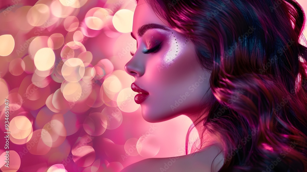 Beautiful woman in profile with long and shiny wavy hair . Beauty model girl with curly hairstyle . Fashion, cosmetics and makeup. Beautiful woman in profile with long and shiny wavy hair . Beauty model girl with curly hairstyle . Fashion, cosmetics and makeup.