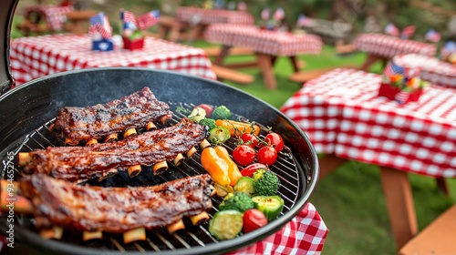 Closeup of ribs and vegetables on a grill with picnic table in background. photo