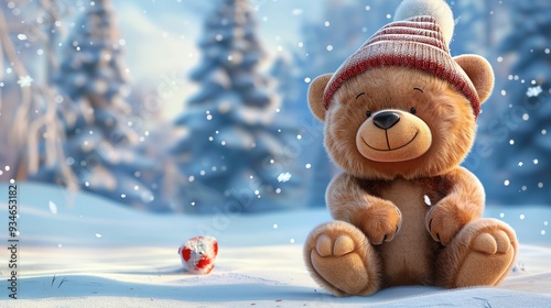 A cute teddy bear wearing a red winter hat is sitting in the snow.