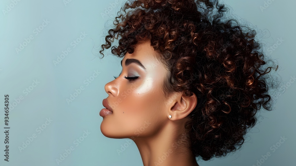 Beautiful woman in profile with long and shiny wavy hair . Beauty model girl with curly hairstyle . Fashion, cosmetics and makeup. Beautiful woman in profile with long and shiny wavy hair . Beauty model girl with curly hairstyle . Fashion, cosmetics and makeup.